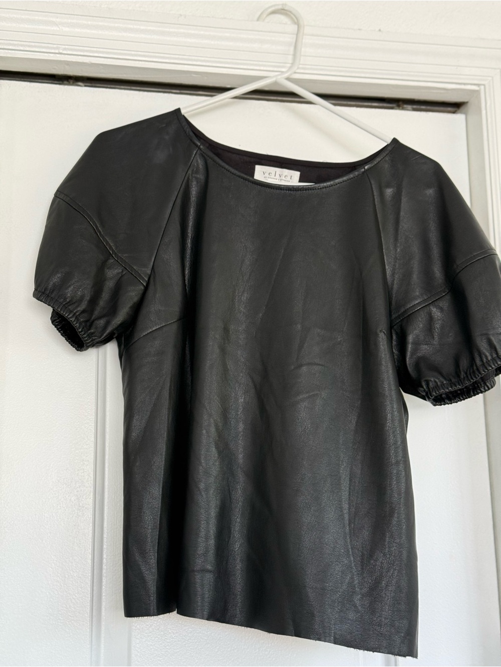 Velvet Black Faux Leather Puff Sleeve Top